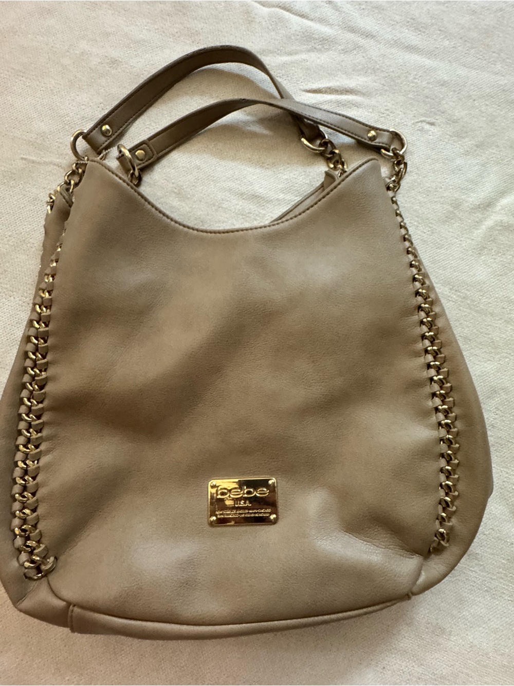 bebe Taupe Leather-Look Shoulder Hobo with Gold Chain Trim